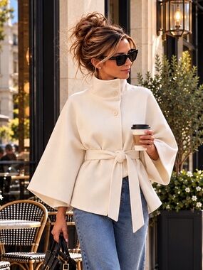 Elegant Cream Tie-Waist Trench Coat